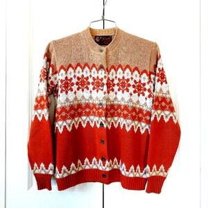 80s Tan &‎ Orange Fairisle Cardigan Snowflakes Jersild Autumn Christmas sz 34